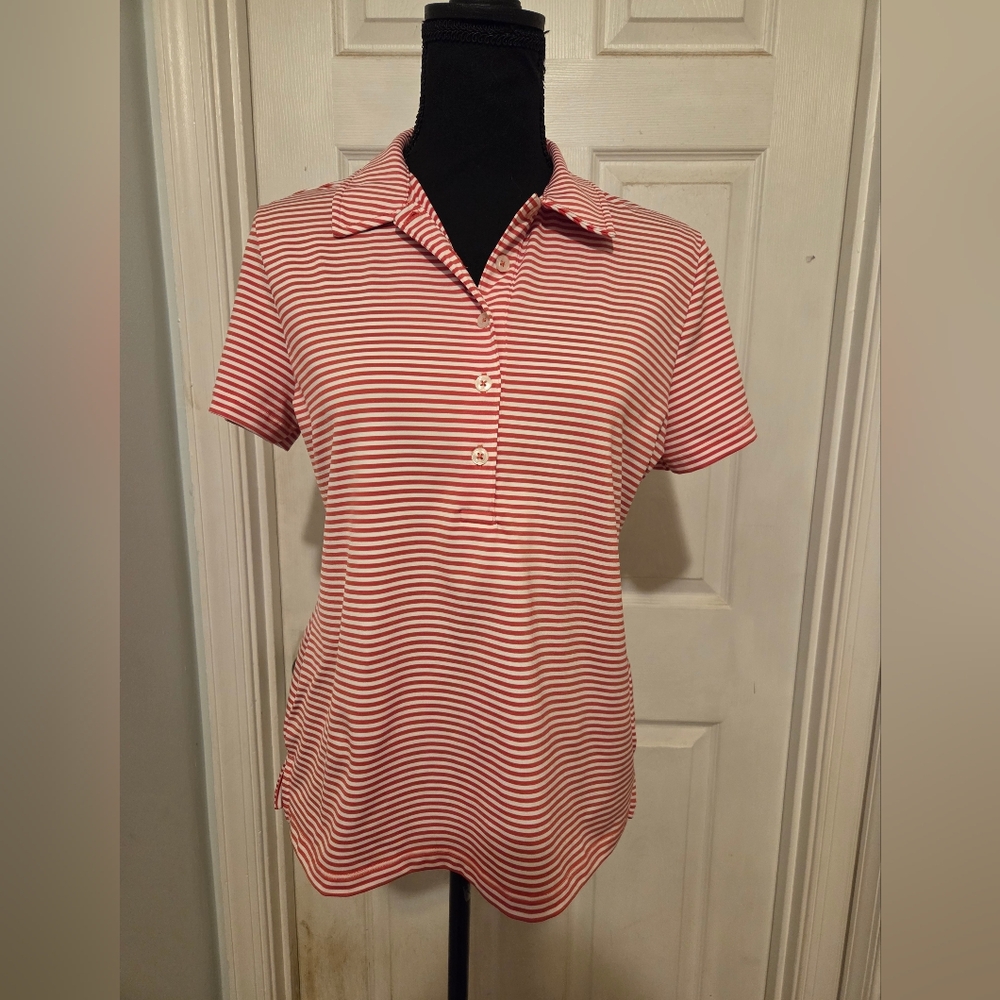 Womens Red And White Striped Golf Polo
